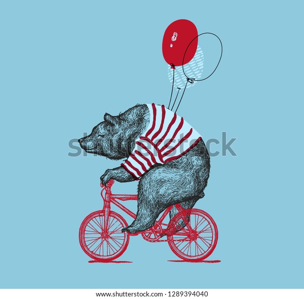 Bear Ride Bike Balloon Vector Grunge Print.\
Hipster Mascot Cute Wild Grizzly in Striped Vest on Bycicle\
Isolated. Blackwork Tattoo Animal Character Outline Sketch. Teddy\
Design Flat Illustration