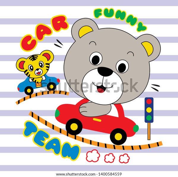 bear ride the car with his friend, cartoon\
vector illustration