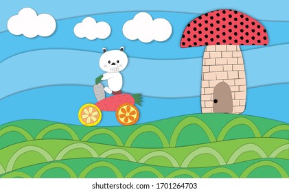 Bear ride vegetable bicycle on green field with mushroom house