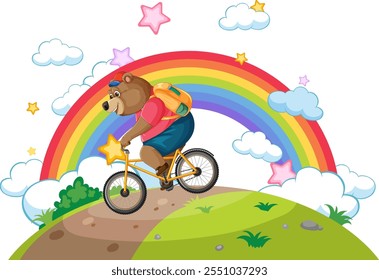 A bear rides a bike beneath a colorful rainbow