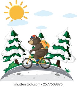 A bear rides a bike in a snowy landscape