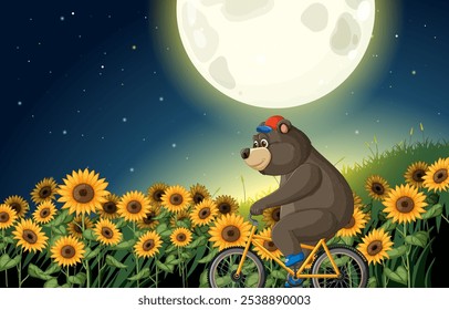 A bear rides a bike through sunflowers at night