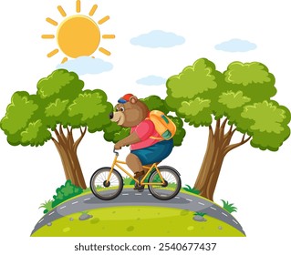 Um urso anda de bicicleta sob o sol