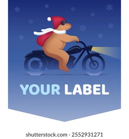 A bear rides a classic vintage motorcycle in winter. This guy is wearing a Santa Claus hat and has a bag of gifts on his shoulders. Snowy Christmas evening atmospere. Vector illustration or logo.