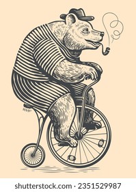 Bear rides retro bicycle. Vintage sketch vector illustration engraving style