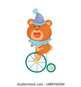 Bear rides a retro bike. Vector illustration on a white background.