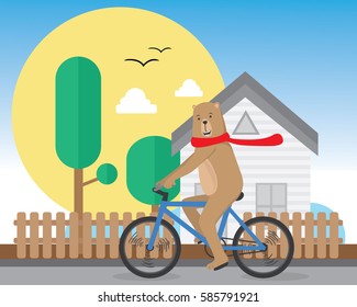 a bear riding bicycle in city cartoon vector