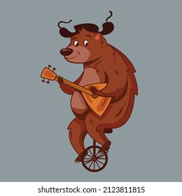 Bear riding bike and playing balalaika. Funny animal in cartoon style.