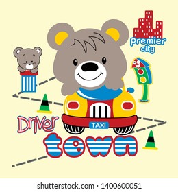 the bear is riding a car together in the city, cartoon vector illustration