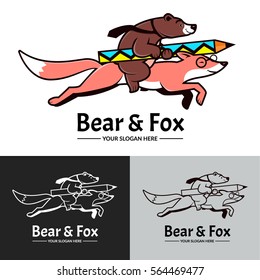 Bear riding on creative pink fox. Black and white version logo. Vector.