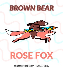 Bear riding on fox illustration. Bear with colorful pencil and pink fox. 