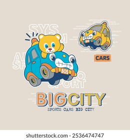 Bear riding on a siren car, animal cartoon vector illustration