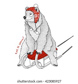 bear riding on sleigh, decorative animal illustration