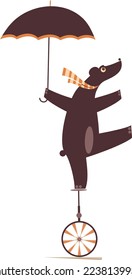 Bear riding on the unicycle. 
Funny bear with umbrella balances on the unicycle. Isolated on white background
