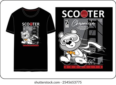 the bear riding scooter, vector illustration graphic design t shirt.
