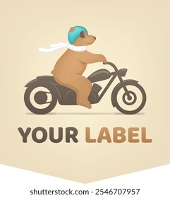 Un oso montado en una motocicleta de estilo vintage: logotipo personalizable. El oso lleva un casco azul, gafas y una bufanda blanca que fluye, evocando una sensación de aventura y libertad. Suaves colores pastel.