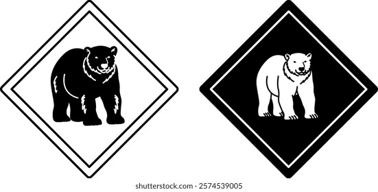 Bear Road Signs. Black and White Vector Icons. Road Sign Warning Animals Crossing The Road. Zoo Sticker