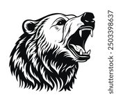 Bear. Roaring bear logo. Bear growing, grinning vector illustration on a white background. A beautiful, breathtaking grizzly bear.