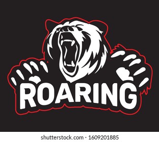 Bear roaring on black background. Illustration for print and poster. Emblems, symbol. Can be used for T-shirts print, labels, badges, stickers, logotypes.Typography design.