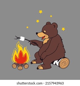 
Bear is roasting marshmallows on a campfire. Vector cartoon  illustration.
 