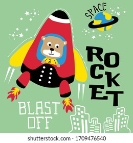 bear and rocket funny animal cartoon,vector illustration