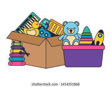 bear rocket pyramid truck duck submarine on cardboard box kids toys vector illustration