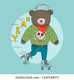 Bear rollerblading. Vector cartoon hand drawn illustration.