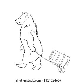 Bear rolls a keg of beer. Funny bar or pub illustration. Graphic element. Black outline on white background. Vector.