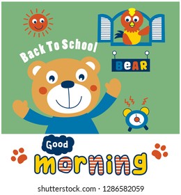 bear and rooster funny animal cartoon,vector illustration