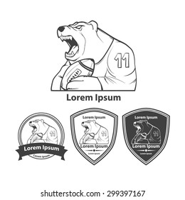 bear with rugby ball for logo, american football symbol, simple illustration, sport team emblem, design elements