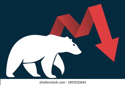 Bear run or bearish market trend in crypto currency or stocks. Trade exchange, red down arrow graph for decrease in rates. Cryptocurrency price chart and blockchain technology. Global economy crash.