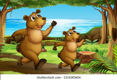 Bear running in the forest illustration