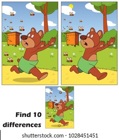 The bear runs away from the bees.Find 10 differences. Educational game for children. Cartoon vector illustration. Eps 10