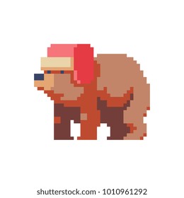 Bear in Russian hat with earflaps. Pixel art icon. Stickers design. Isolated vector illustration. 