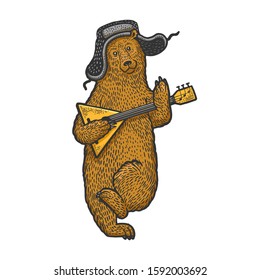 Bear with Russian symbols hat with earflaps ushanka and balalaika sketch engraving vector illustration. T-shirt apparel print design. Scratch board style imitation. Hand drawn image.