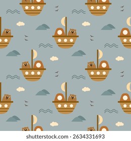 Bear in sailboat cartoon so cute. On wave cloud island bird background. Pattern seamless vector illustration. 