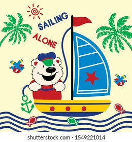 the bear is sailing alone in the sea, cartoon vector illustration