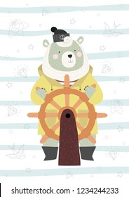 Bear the sailor at the helm in a Scandinavian style. Vector illustration. Perfect for poster in a kids room.