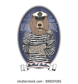 bear sailor, nautical poster, furry art, hand drawn animal illustration, t-shirt print