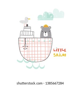 Bear sailor on a boat with a seagull. Cute nautical kids print. Vector hand drawn illustration.