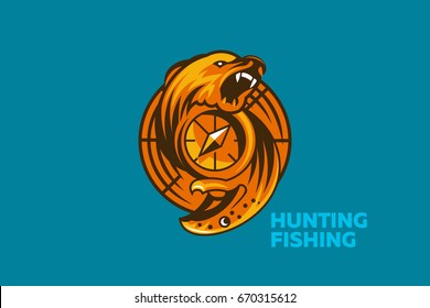Bear, salmon, compass, sight are united in a round emblem. Hunting, fishing, tourism.