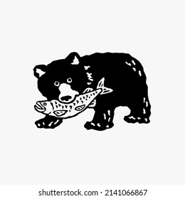 Bear and Salmon,hand drawing vector symbol design