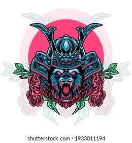 bear samurai head with roses illustration for your merchandise or business