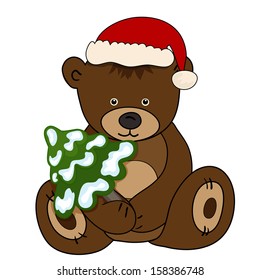 Bear in Santa Claus hat holding a fir tree