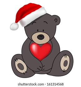 Bear in Santa Claus hat holding a heart, vector