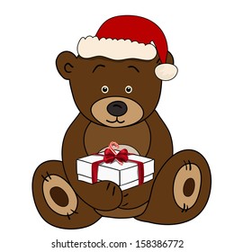 Bear in Santa Claus holding a box present