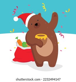 A bear in a santa hat and a bag of gifts took honey out of a barrel with his paw