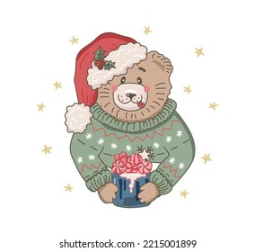 Bear in Santa hat with cocoa, hot chocolate or coffee. Vector illustration isolated on white background.