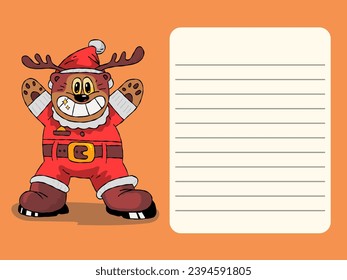 A bear in a Santa hat and with deer antlers Postcard. Printing and decoration. Shopping list. To-do list. Holiday gift.