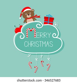 Bear in Santa hat, giftbox, snowflake, ball. Merry Christmas card. Hanging Candy Cane. Dash line with bow. Flat design. Blue background. Vector illustration